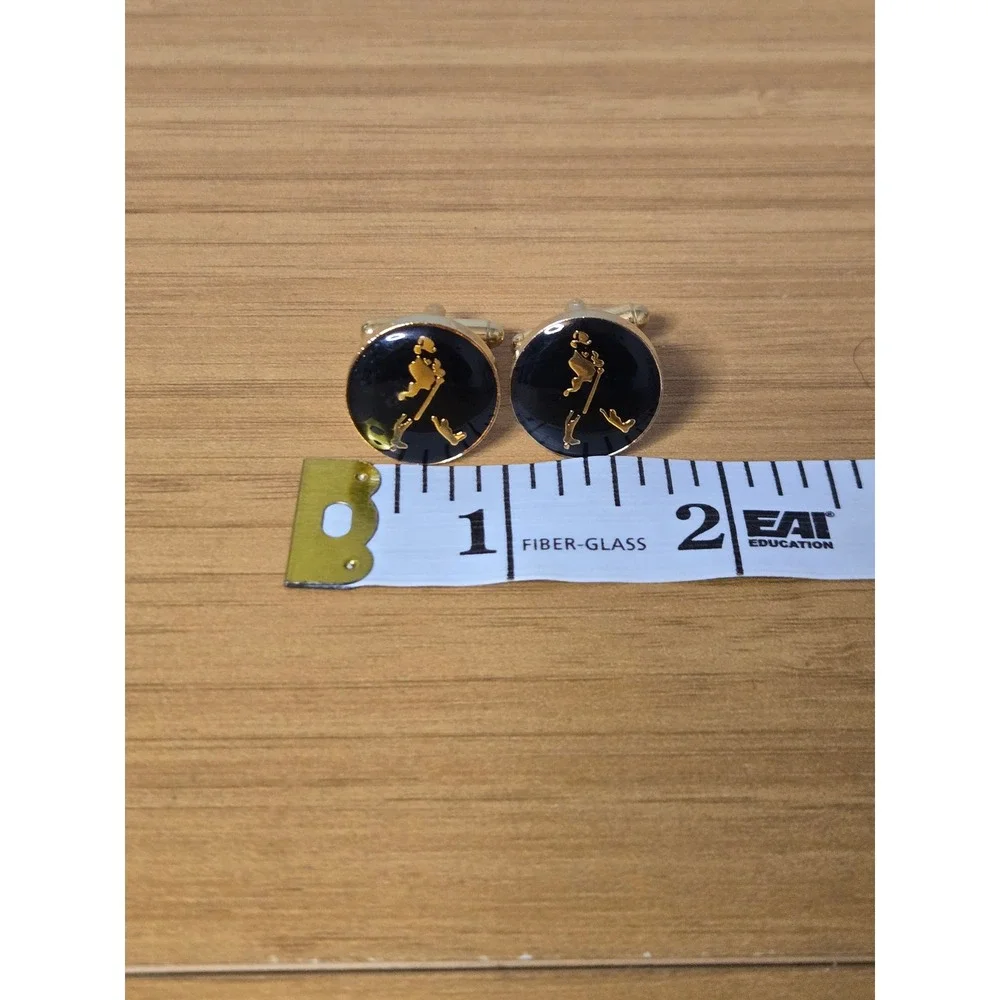 Vintage Johnnie Walker Striding Man Cufflinks Black Gold Tone Enamel Round Logo